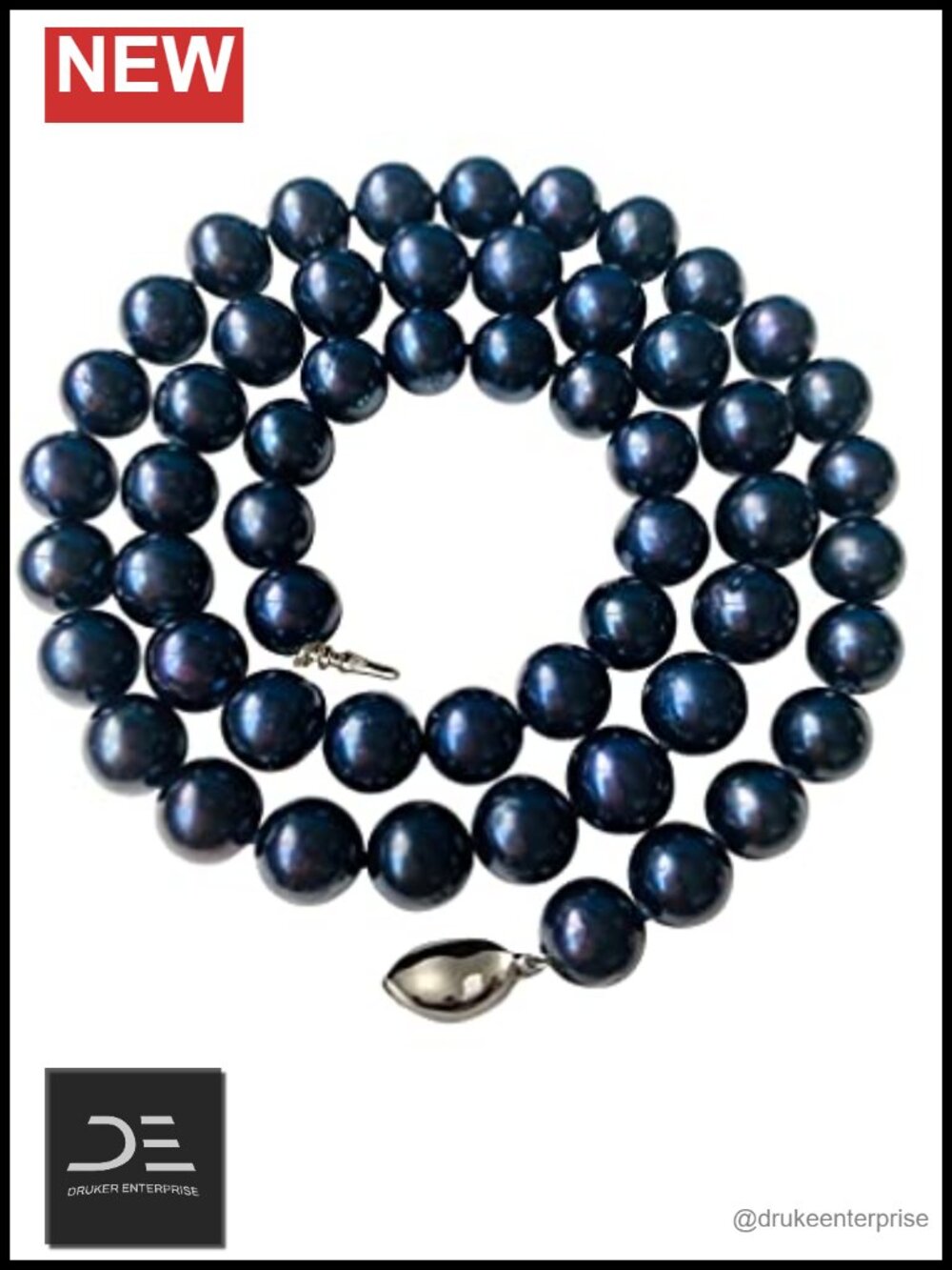 Genuine Cultured Freshwater Black Pearl Necklace 20" 8-8.5mm Sterling Silver